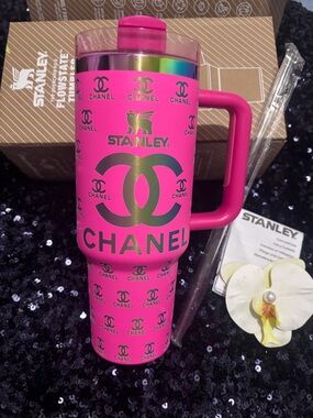Stanley Hot Pink Travel Mug with Gold Accents